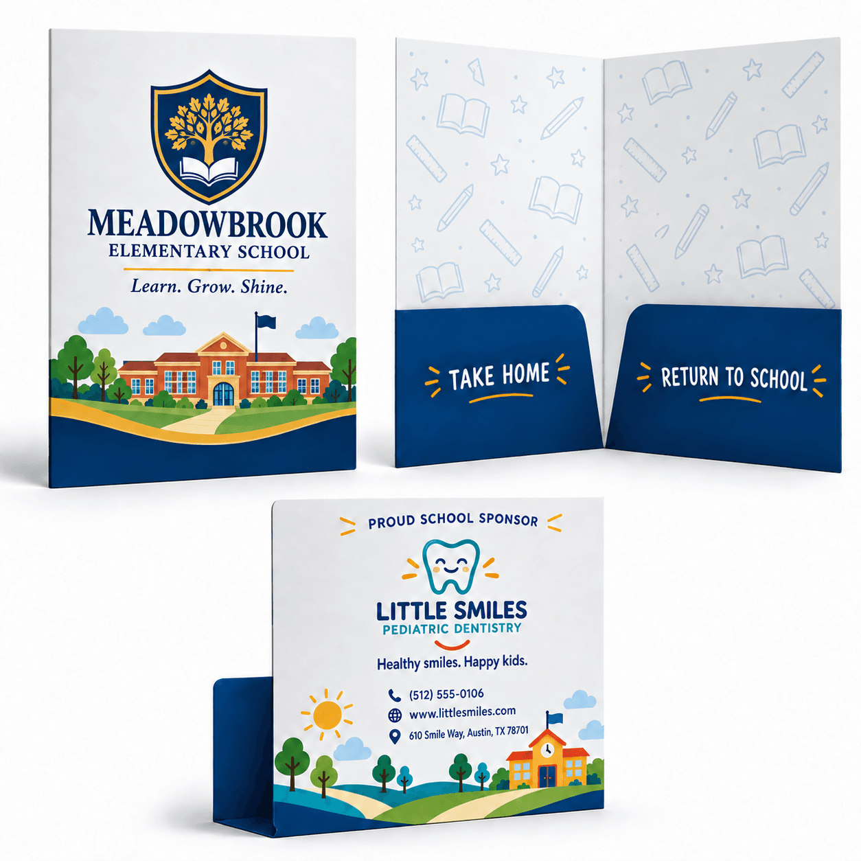 Elementary school take-home folders with the school's branding on the front and a pediatric dental practice on the back as a proud school sponsor