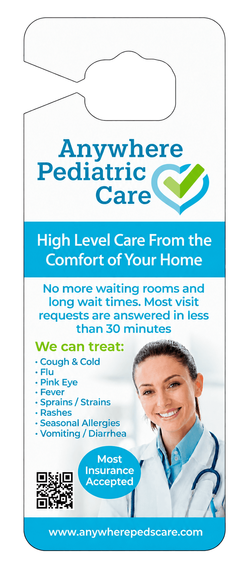 Sponsor side of a parent pick-up tag for a pediatric care practice, listing common conditions it treats